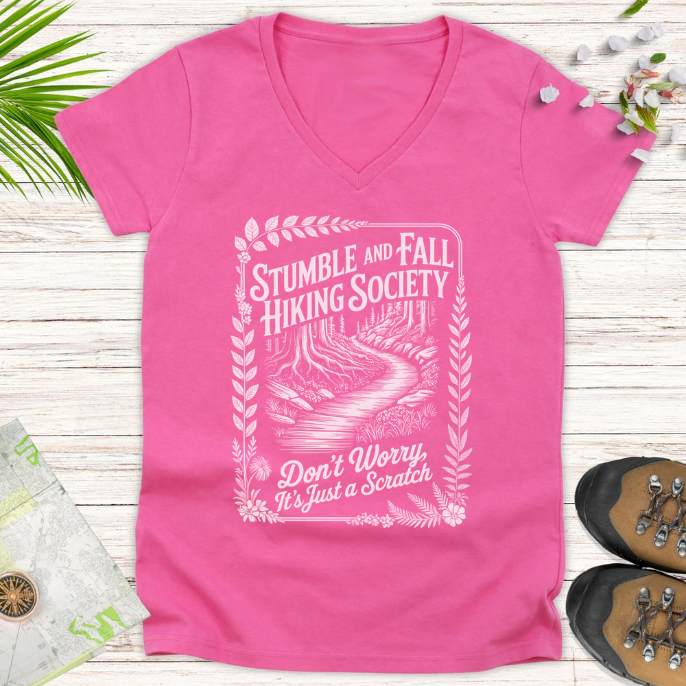 Vintage Stumble And Fall Hiking Society Women's V-Neck T-Shirt - Azalea
