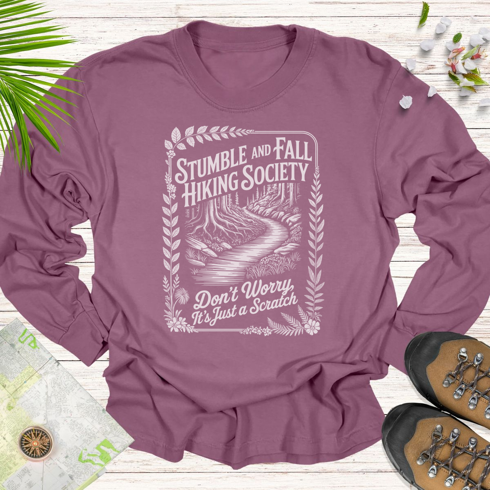 Vintage Stumble And Fall Hiking Society Long Sleeve Unisex T-Shirt - Berry
