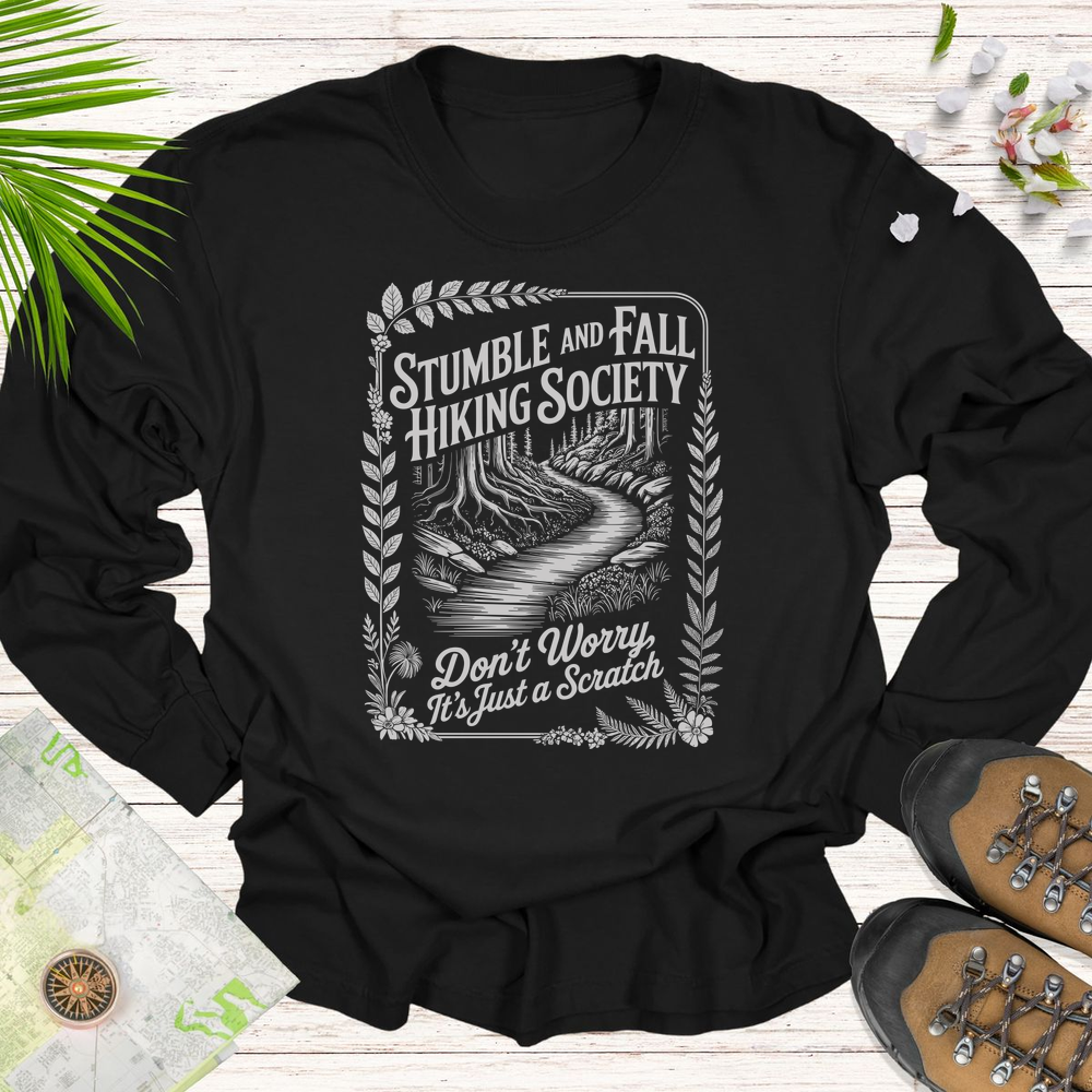 Vintage Stumble And Fall Hiking Society Long Sleeve Unisex T-Shirt - Black