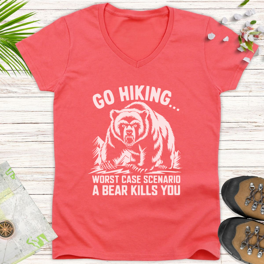 Go Hiking Women's V-Neck T-Shirt - Coral Silk
