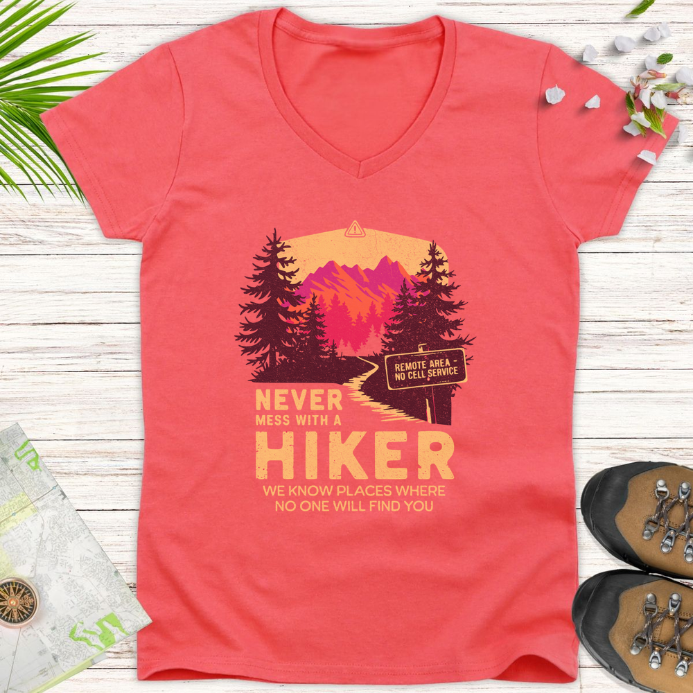 Never Mess With Hikers Bright Edition Women's V-Neck T-Shirt - Coral Silk