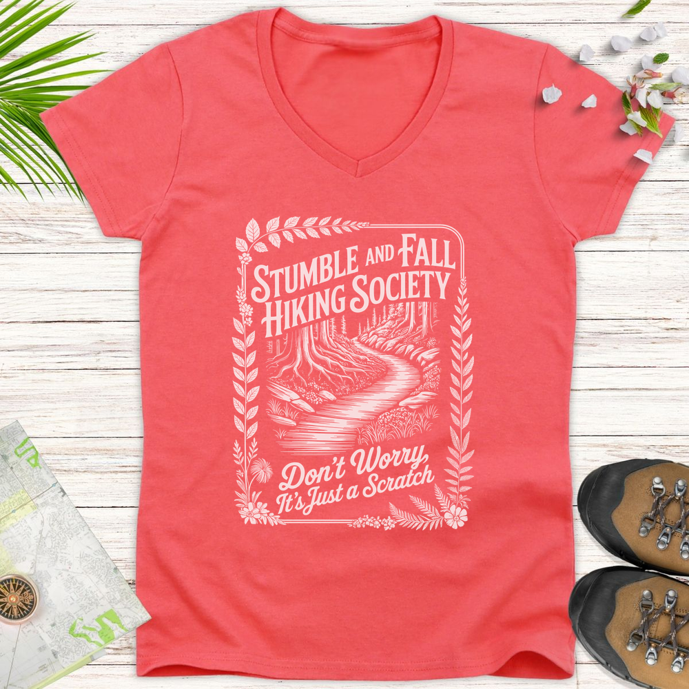 Vintage Stumble And Fall Hiking Society Women's V-Neck T-Shirt - Coral Silk