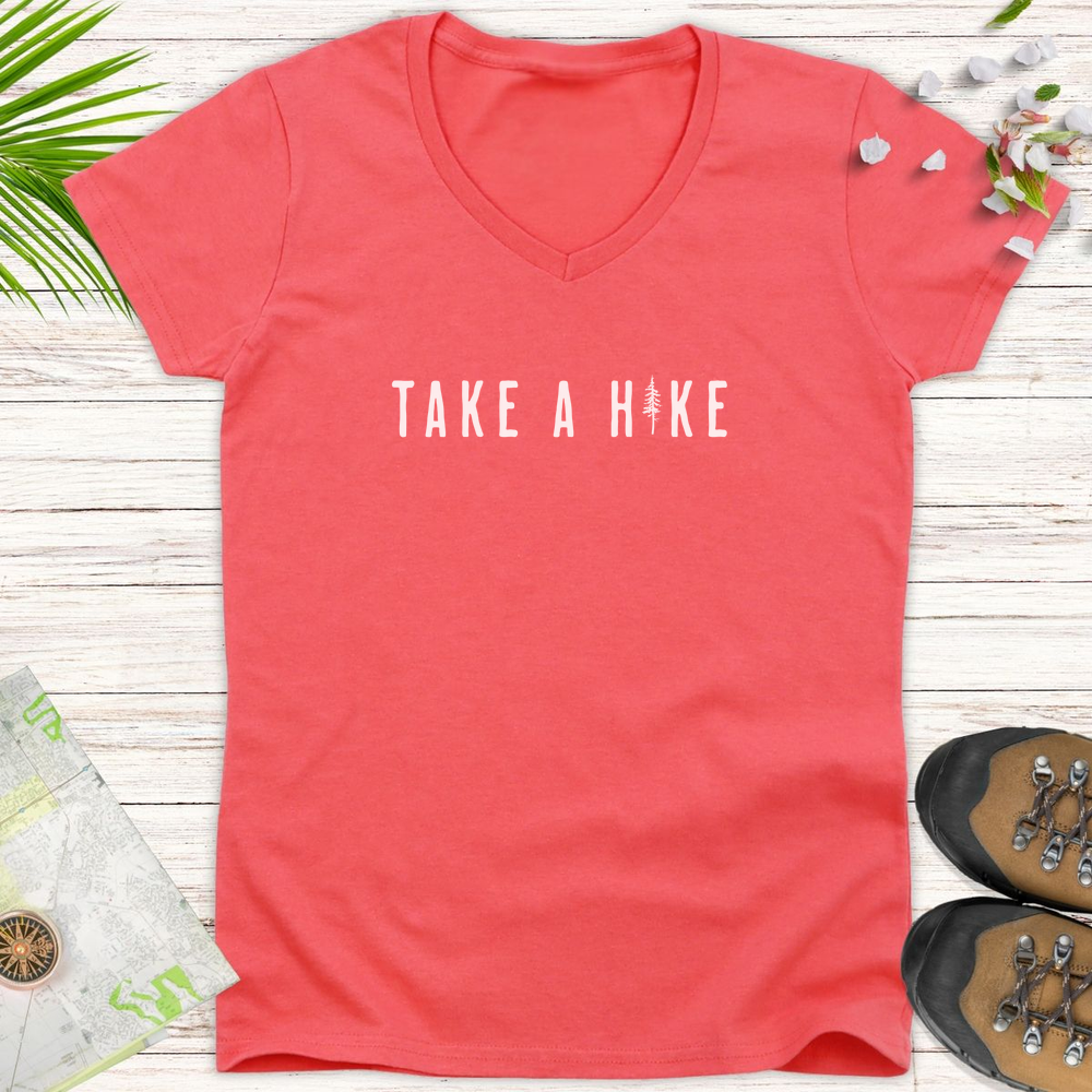 Take A Hike Pine Tree Women's V-Neck T-Shirt - Coral Silk