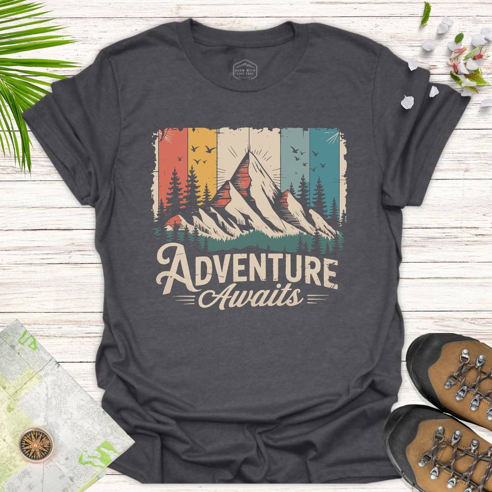 Adventure Awaits Retro Unisex T-Shirt - Dark Heather Grey