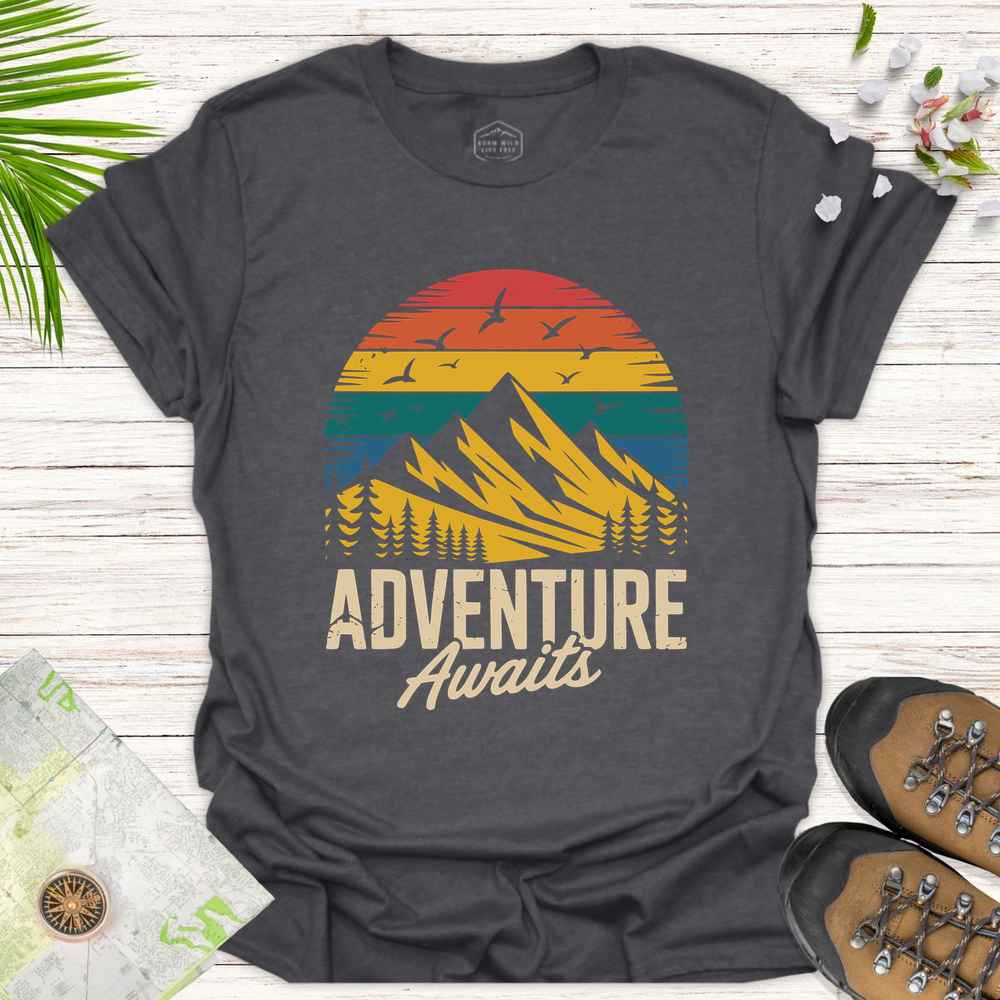 Adventure Awaits Sunset Unisex T-Shirt - Dark Heather Grey