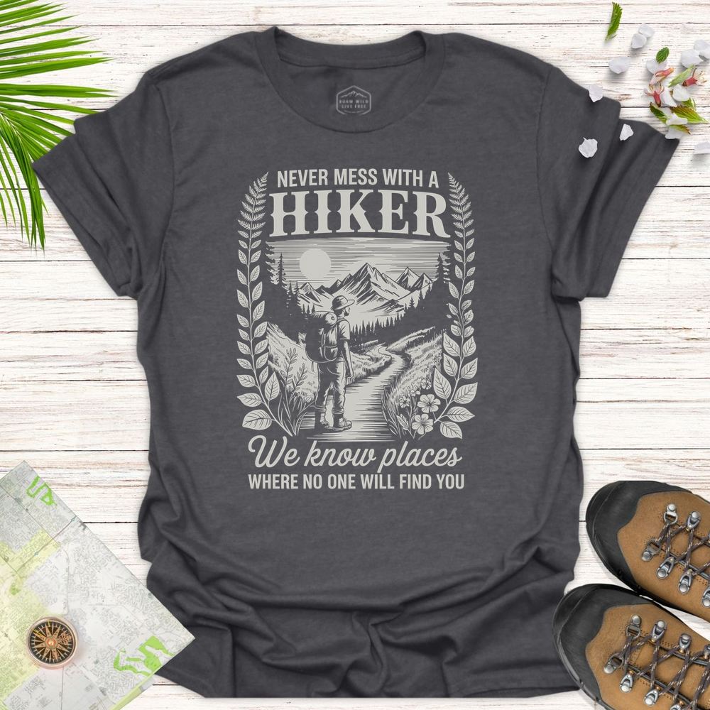Vintage Never Mess With A Hiker Unisex T-Shirt - Dark Heather Grey