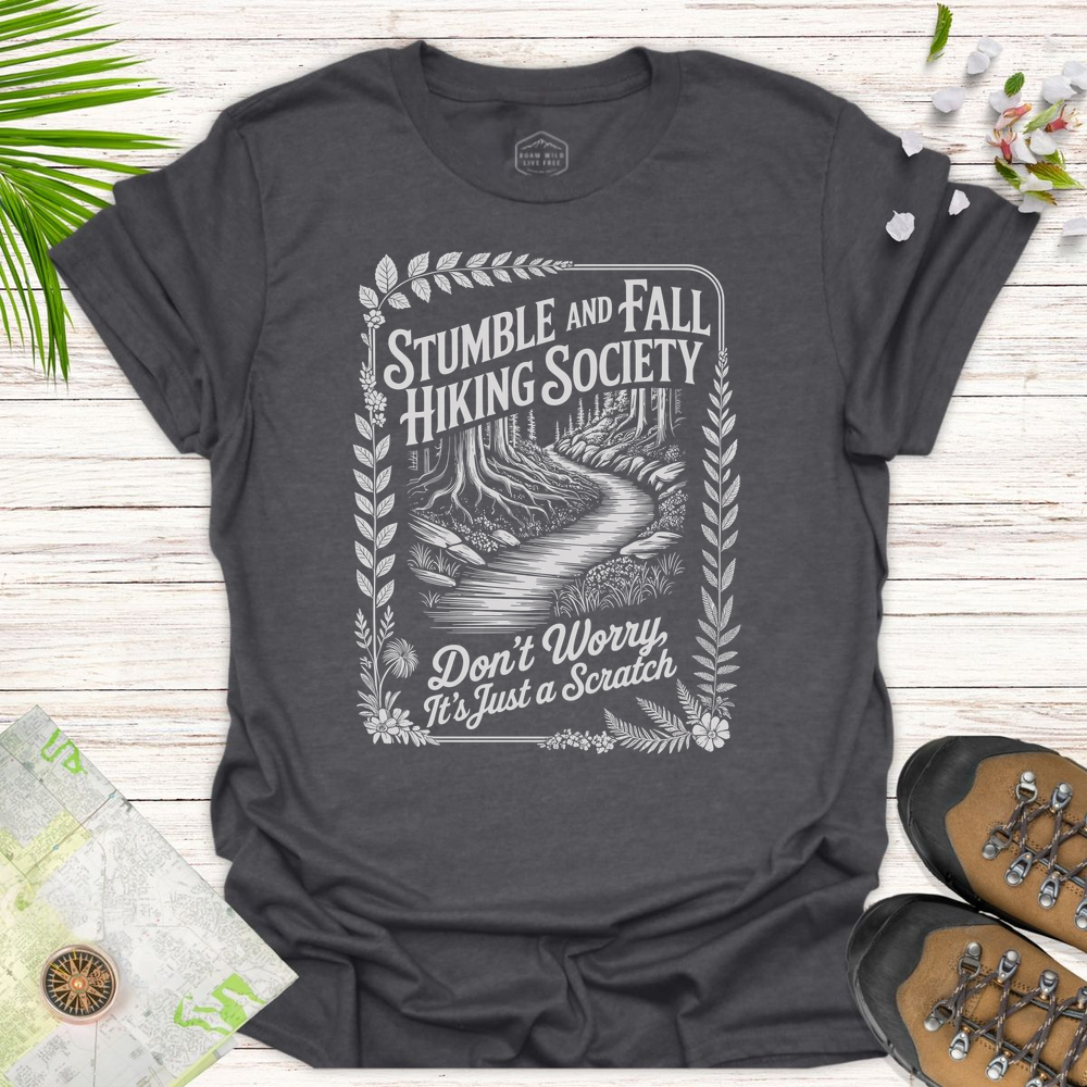 Vintage Stumble And Fall Hiking Society Unisex T-Shirt - Dark Heather Grey
