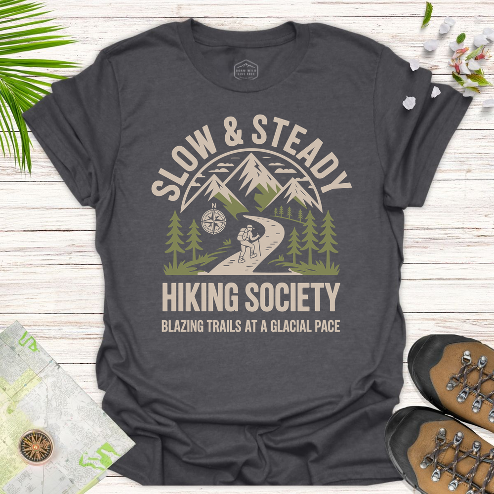 Slow And Steady Hiking Society Unisex T-Shirt - Dark Heather Grey