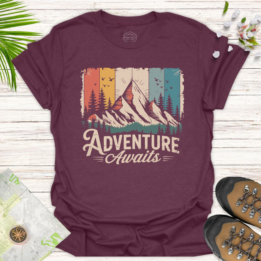 Adventure Awaits Retro Unisex T-Shirt - Heather Maroon