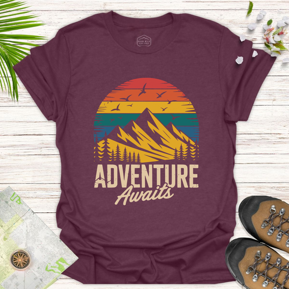 Adventure Awaits Sunset Unisex T-Shirt - Heather Maroon