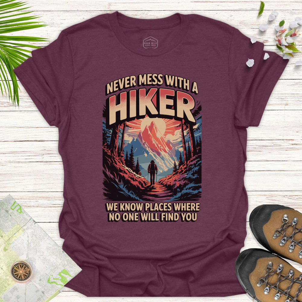 Retro Never Mess With A Hiker Unisex T-Shirt - Heather Maroon