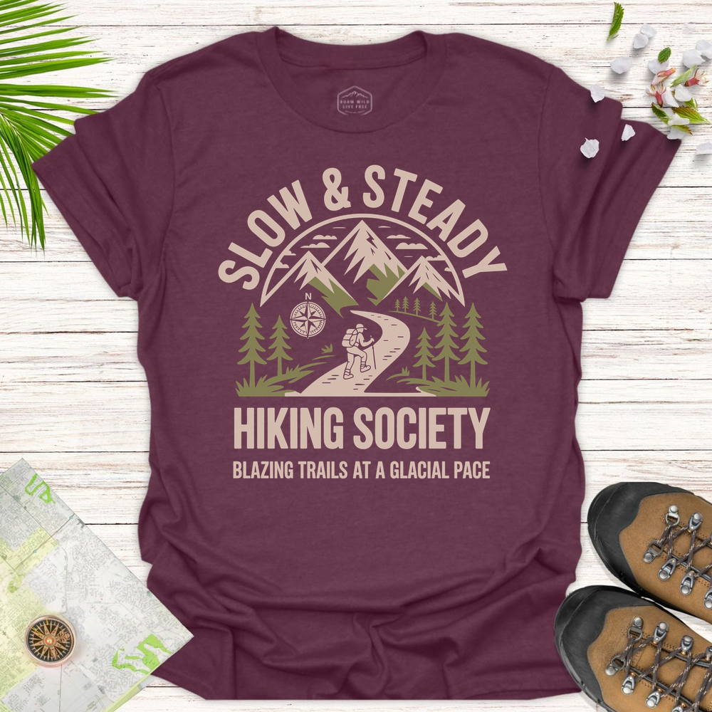 Slow And Steady Hiking Society Unisex T-Shirt - Heather Maroon
