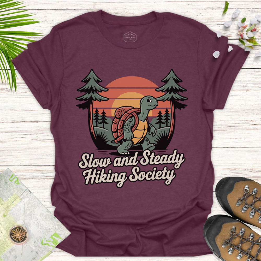 Tortoise Slow And Steady Hiking Society Unisex T-Shirt - Heather Maroon