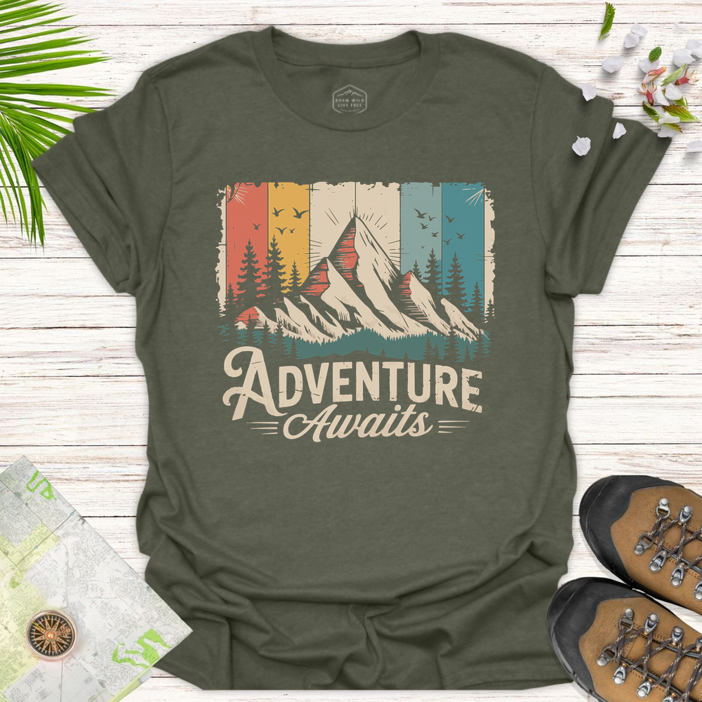 Adventure Awaits Retro Unisex T-Shirt - Heather Military Green
