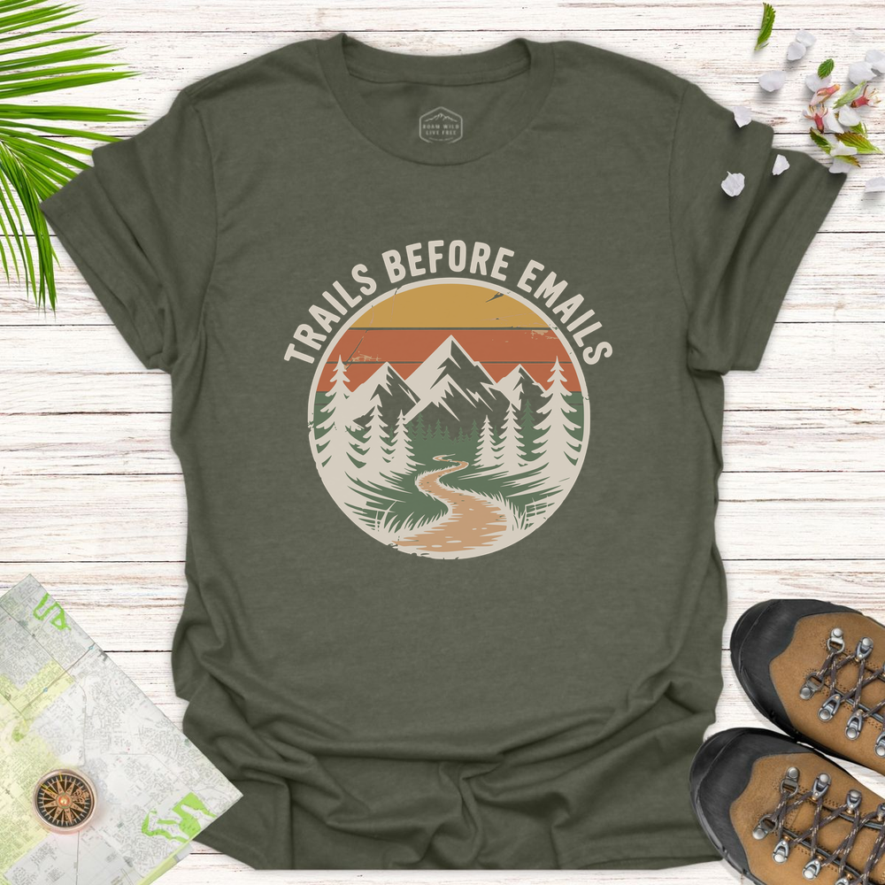 Trails Before Emails Unisex T-Shirt - Heather Military Green
