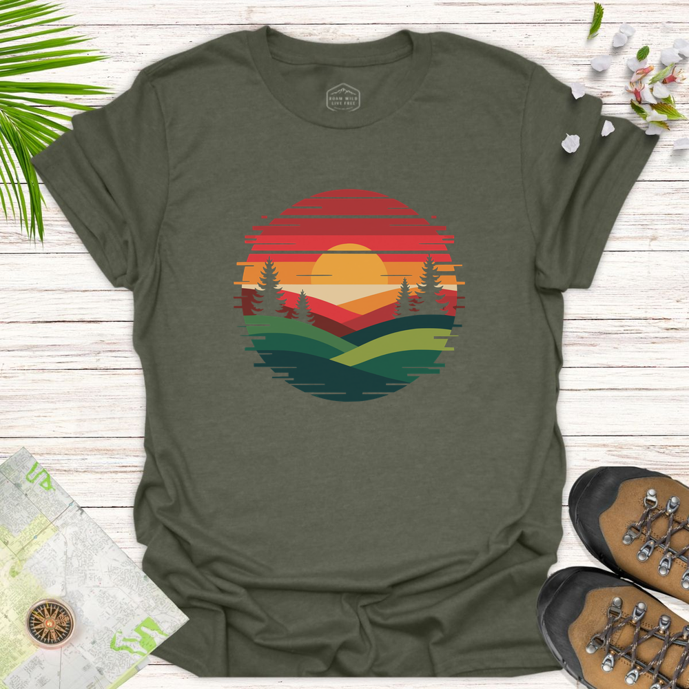 Glitched Sunset Unisex T-Shirt - Heather Military Green