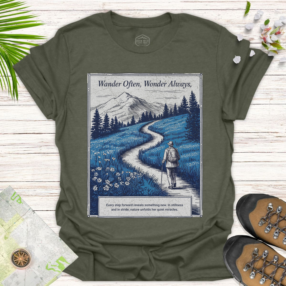 Wander Often Wonder Always Unisex T-Shirt - Heather Military Green