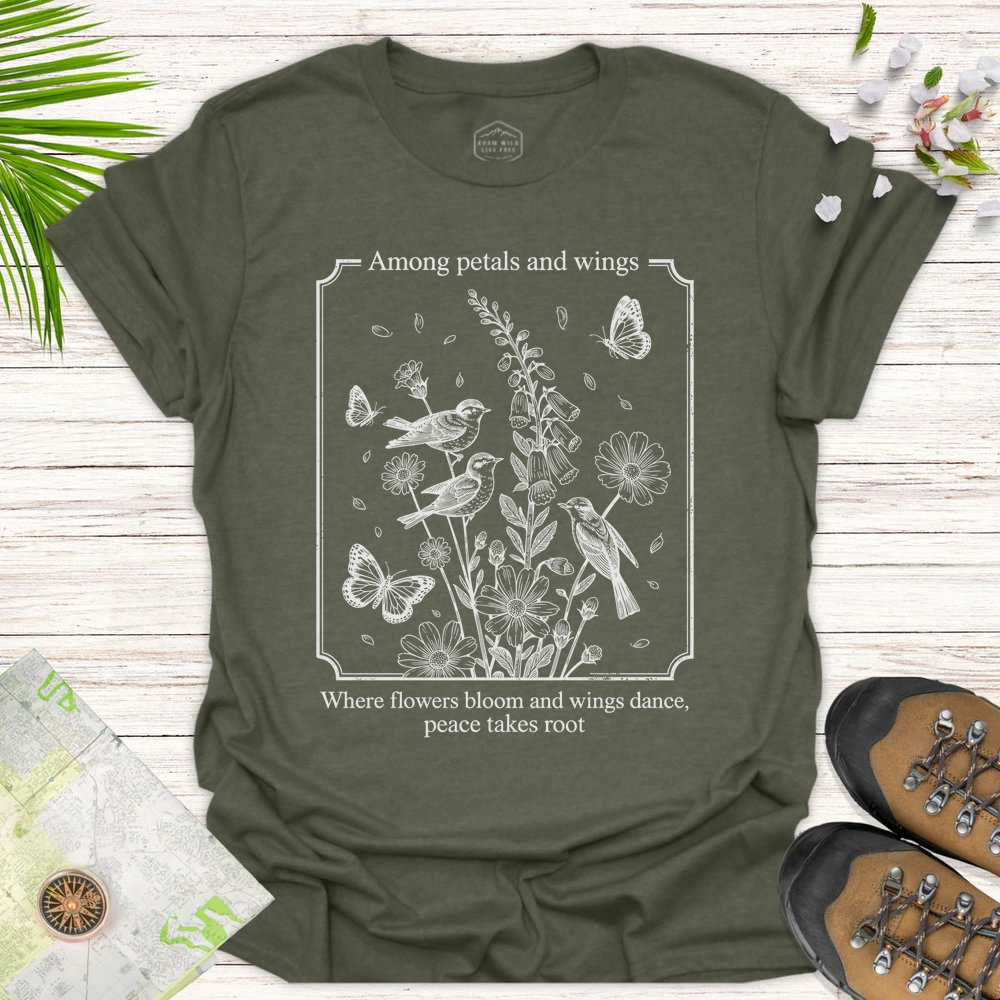 Among Petals And Wings Unisex T-Shirt - Heather Military Green
