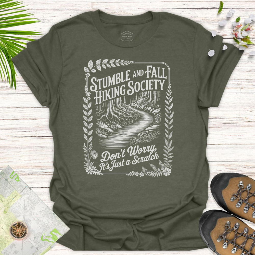Vintage Stumble And Fall Hiking Society Unisex T-Shirt - Heather Military Green