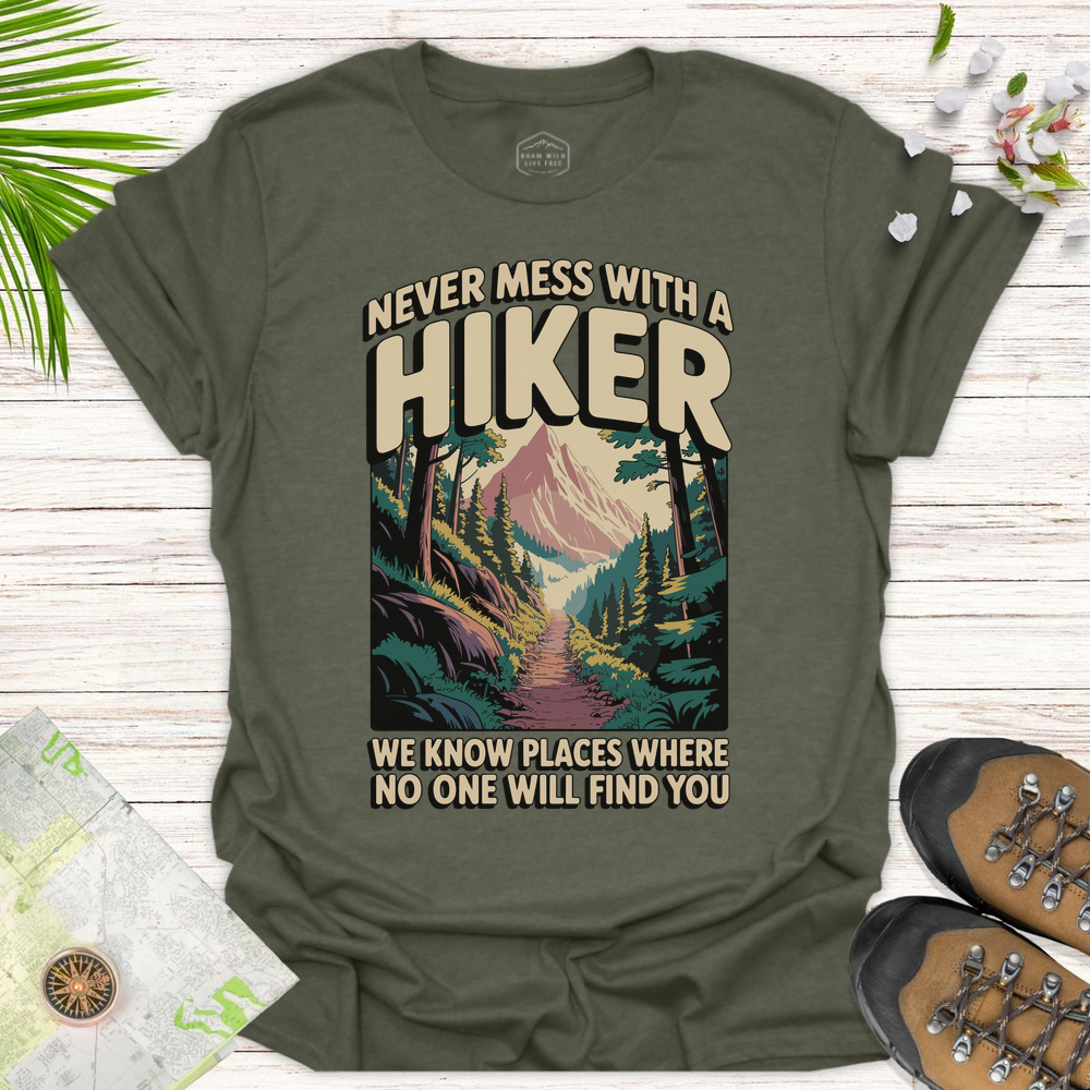 Never Mess With A Hiker Retro Unisex T-Shirt - Heather Military Green