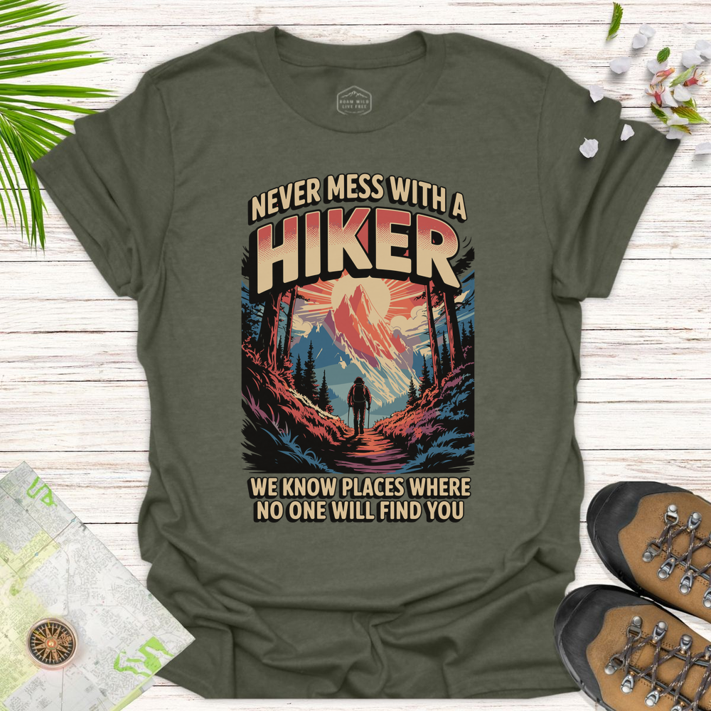 Retro Never Mess With A Hiker Unisex T-Shirt - Heather Military Green