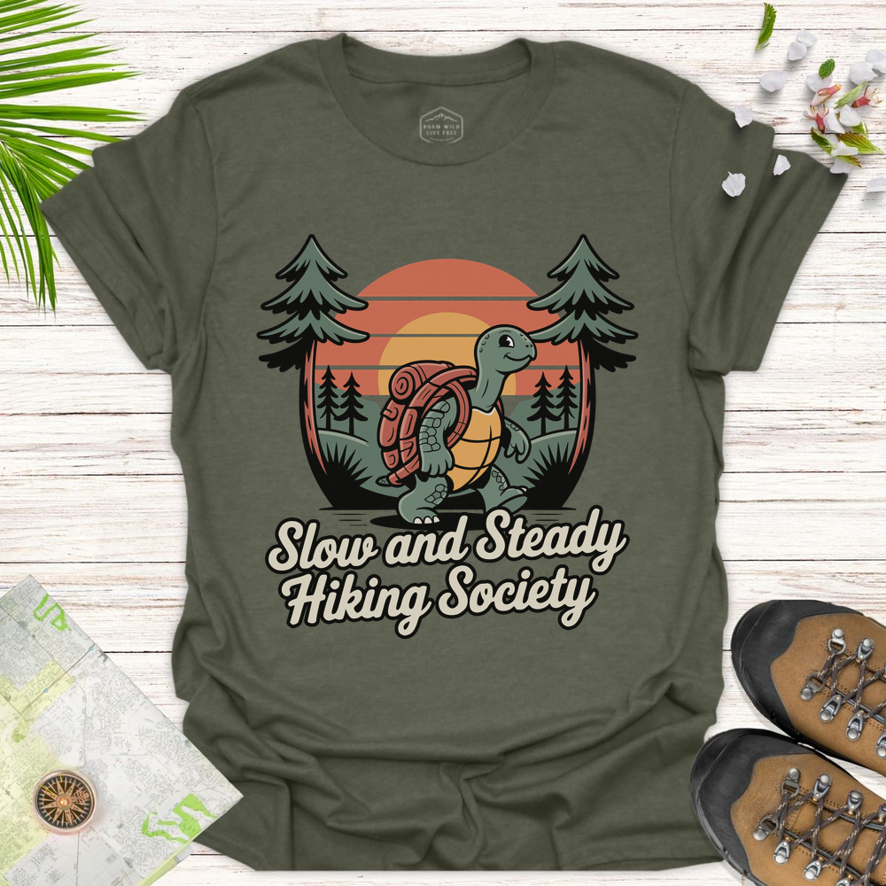 Tortoise Slow And Steady Hiking Society Unisex T-Shirt - Heather Military Green