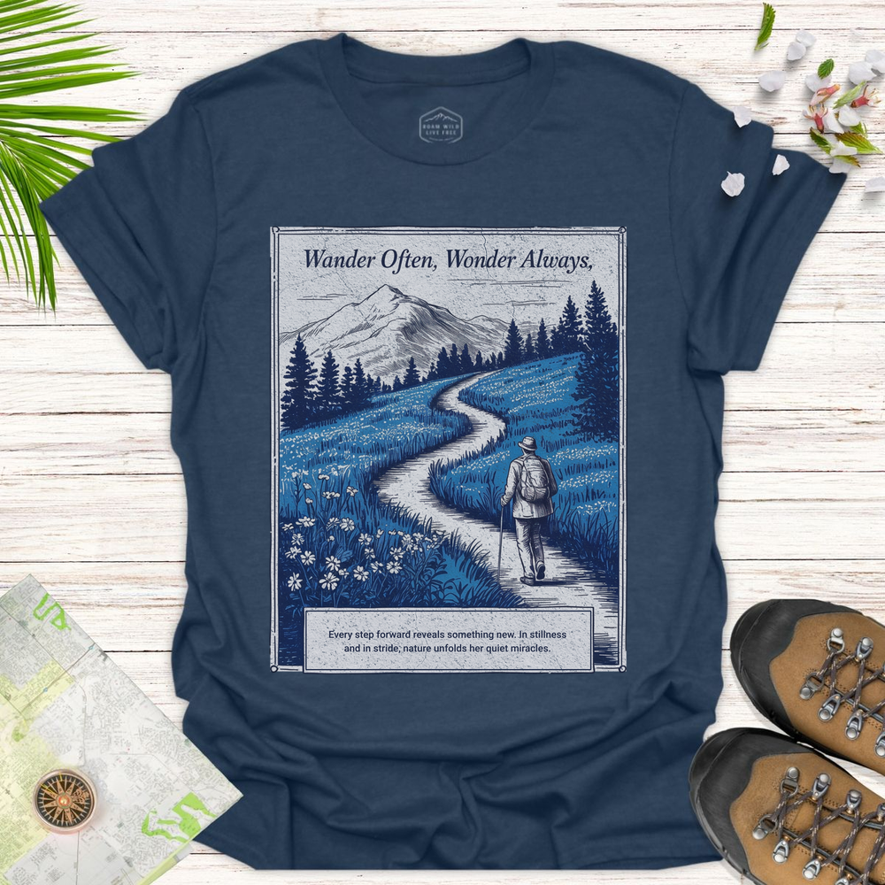 Wander Often Wonder Always Unisex T-Shirt - Heather Navy