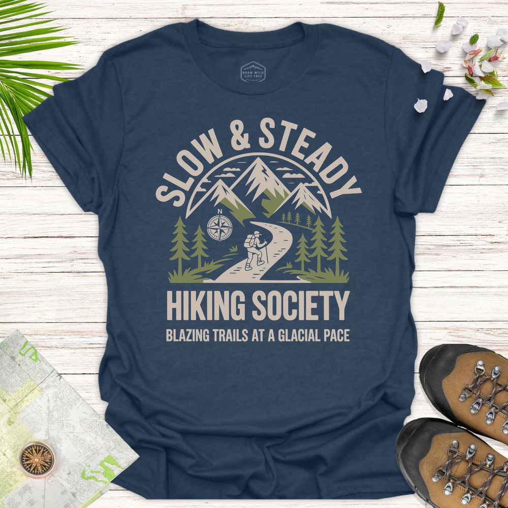 Slow And Steady Hiking Society Unisex T-Shirt - Heather Navy