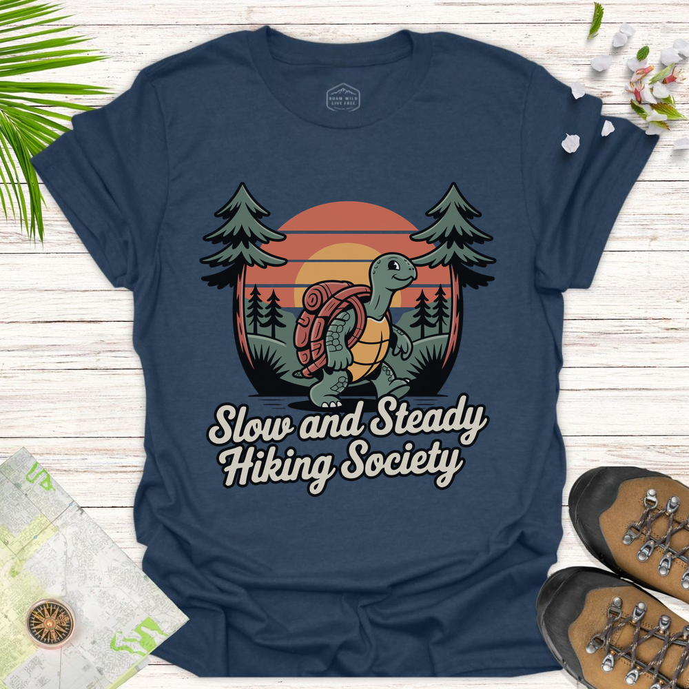 Tortoise Slow And Steady Hiking Society Unisex T-Shirt - Heather Navy