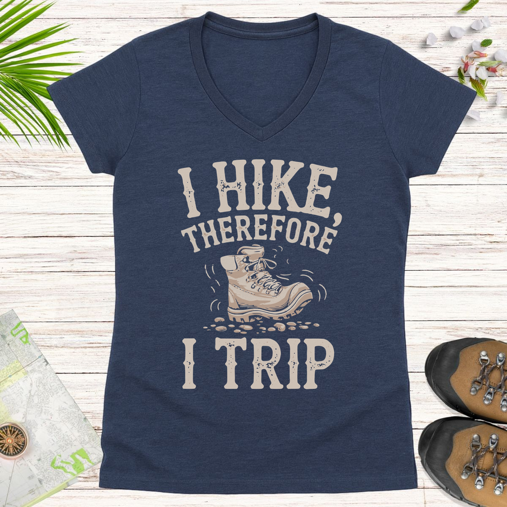 I Hike Therefore I Trip Women's V-Neck T-Shirt - Heather Navy