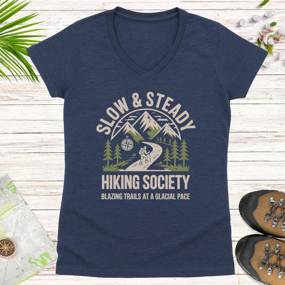 Slow And Steady Hiking Society Women's V-Neck T-Shirt - Heather Navy
