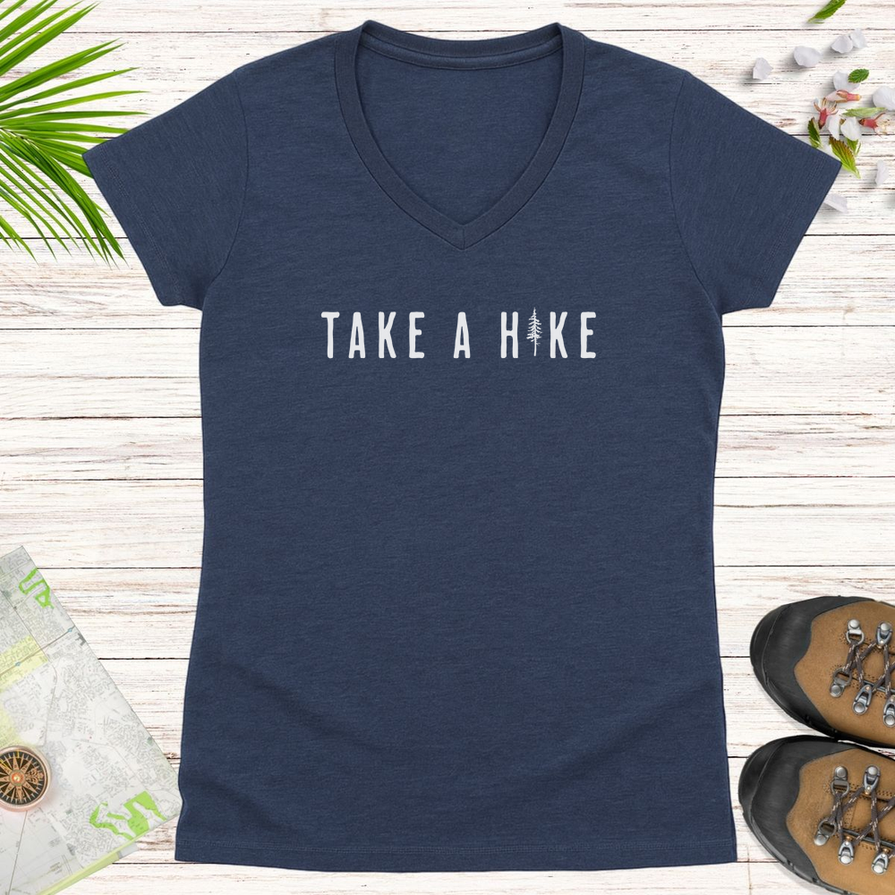 Take A Hike Pine Tree Women's V-Neck T-Shirt - Heather Navy