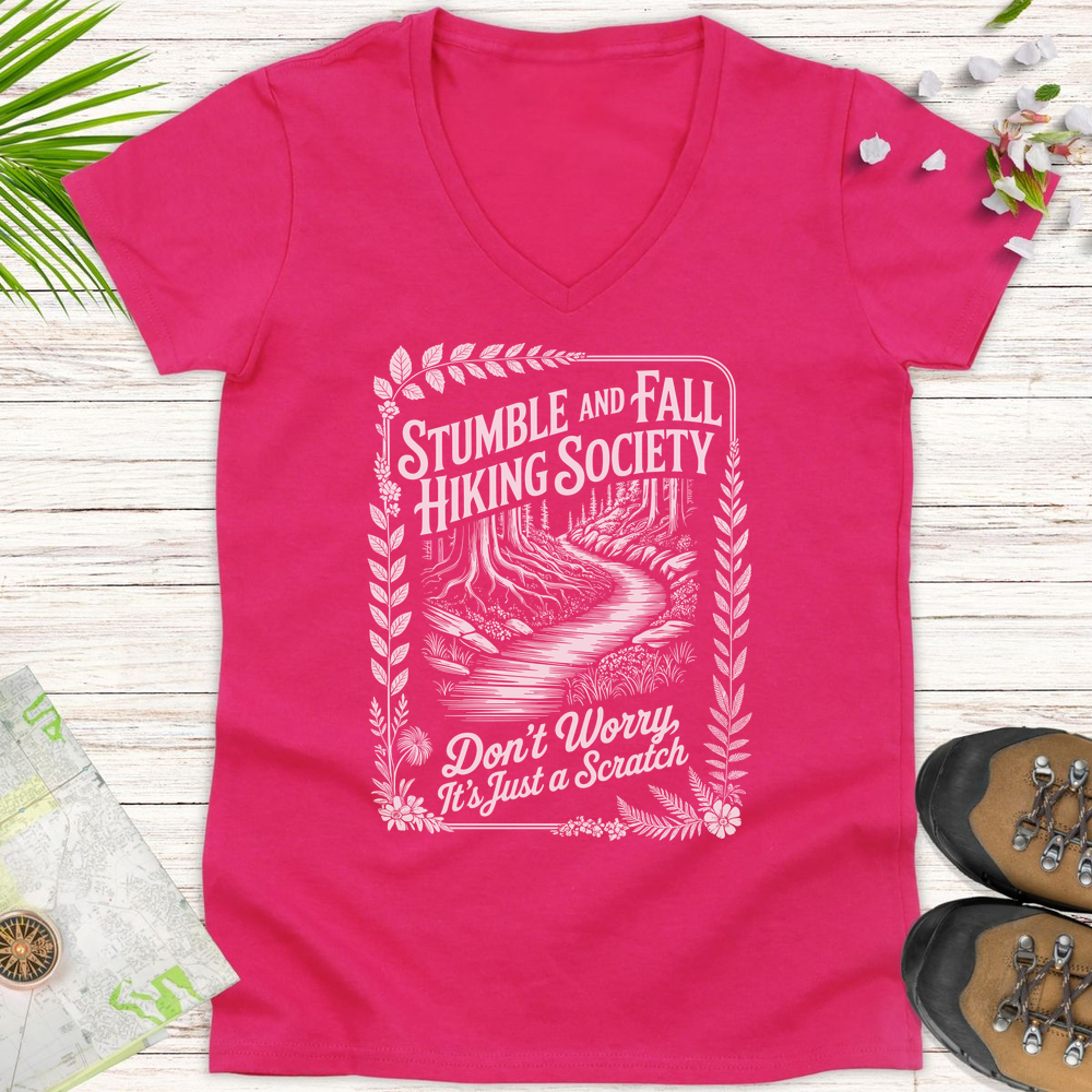 Vintage Stumble And Fall Hiking Society Women's V-Neck T-Shirt - Heliconia