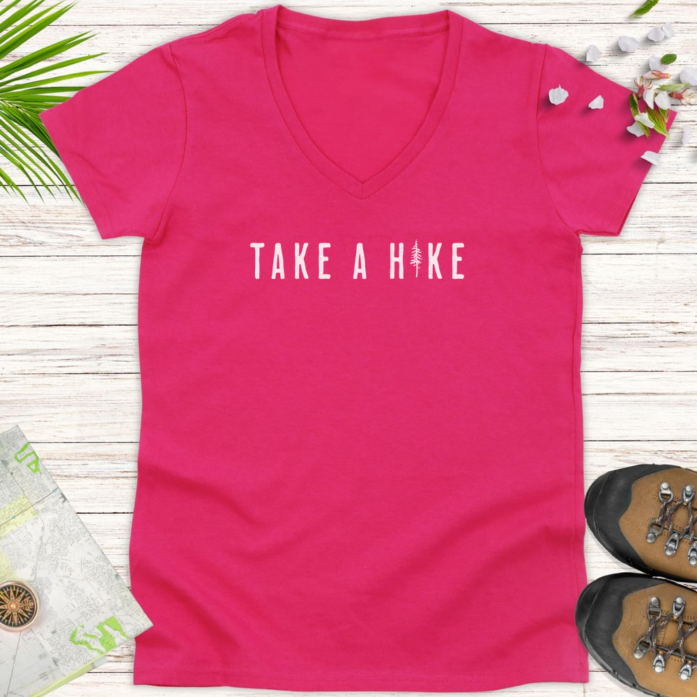 Take A Hike Pine Tree Women's V-Neck T-Shirt - Heliconia