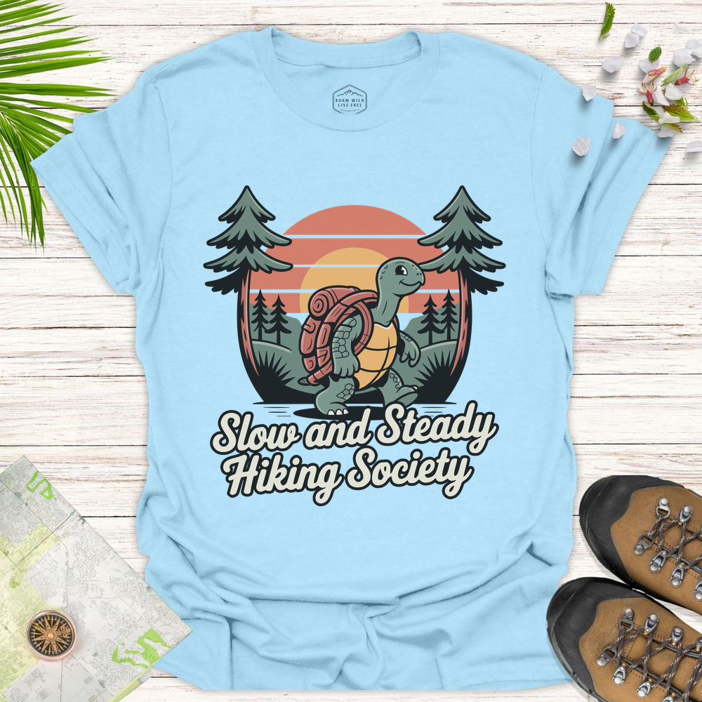 Tortoise Slow And Steady Hiking Society Unisex T-Shirt - Light Blue