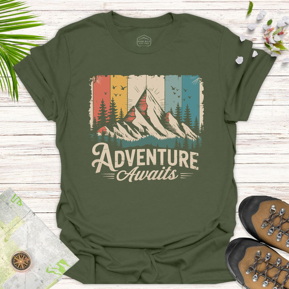Adventure Awaits Retro Unisex T-Shirt - Military Green