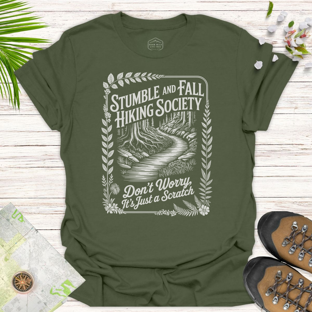 Vintage Stumble And Fall Hiking Society Unisex T-Shirt - Military Green