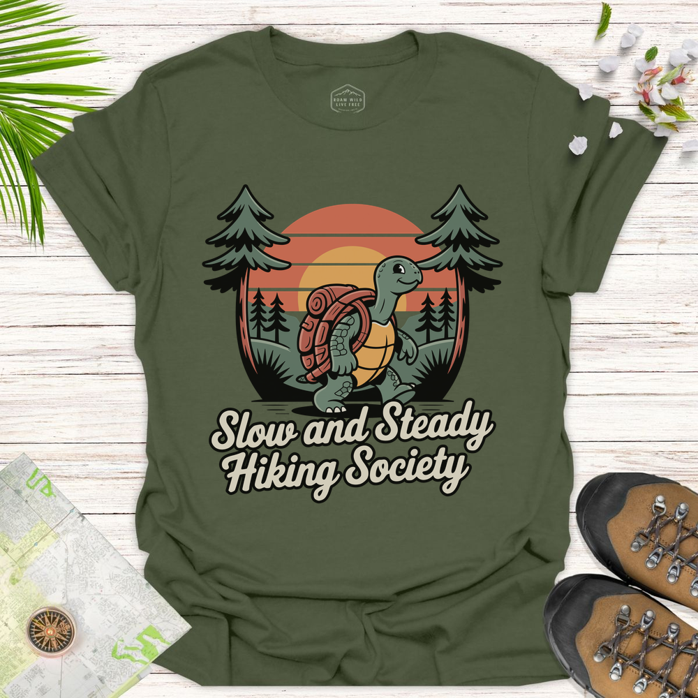Tortoise Slow And Steady Hiking Society Unisex T-Shirt - Military Green