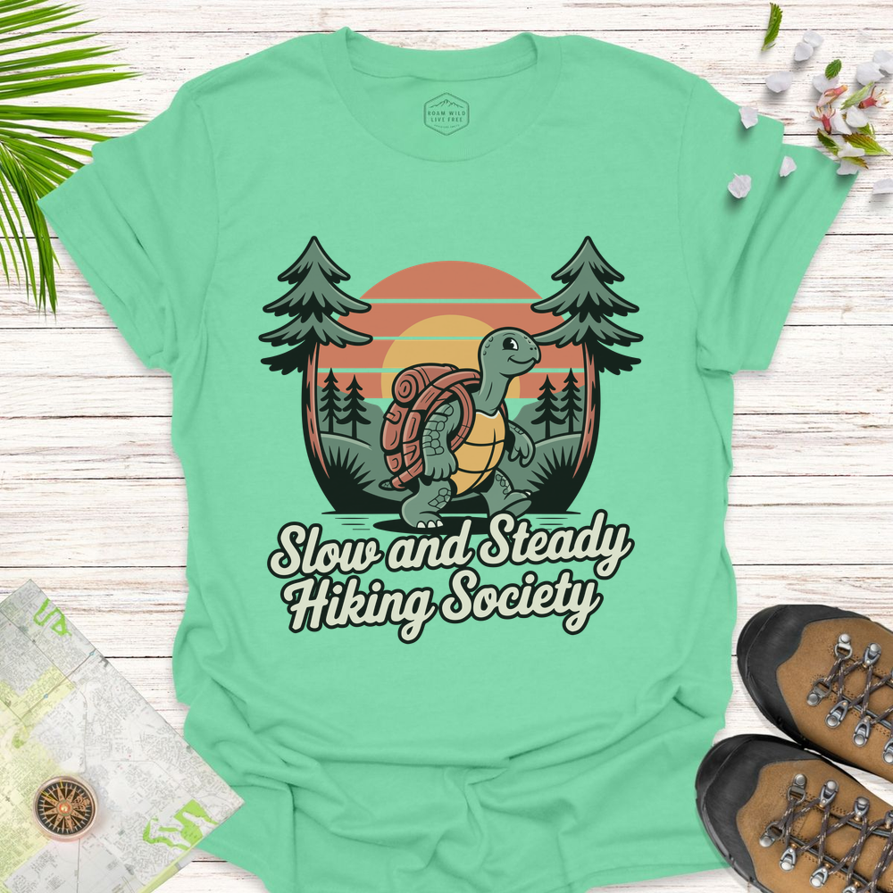 Tortoise Slow And Steady Hiking Society Unisex T-Shirt - Mint Green