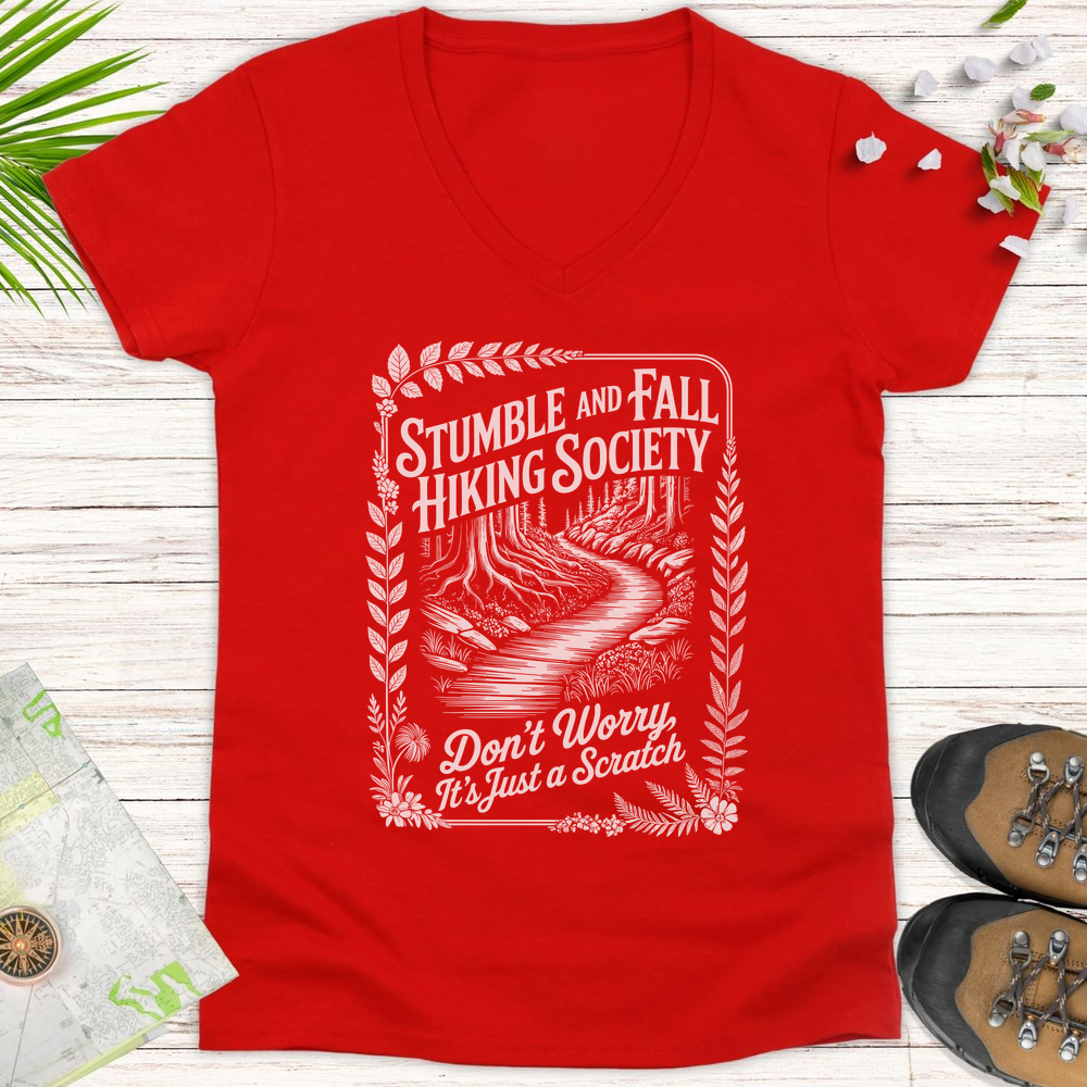 Vintage Stumble And Fall Hiking Society Women's V-Neck T-Shirt - Red