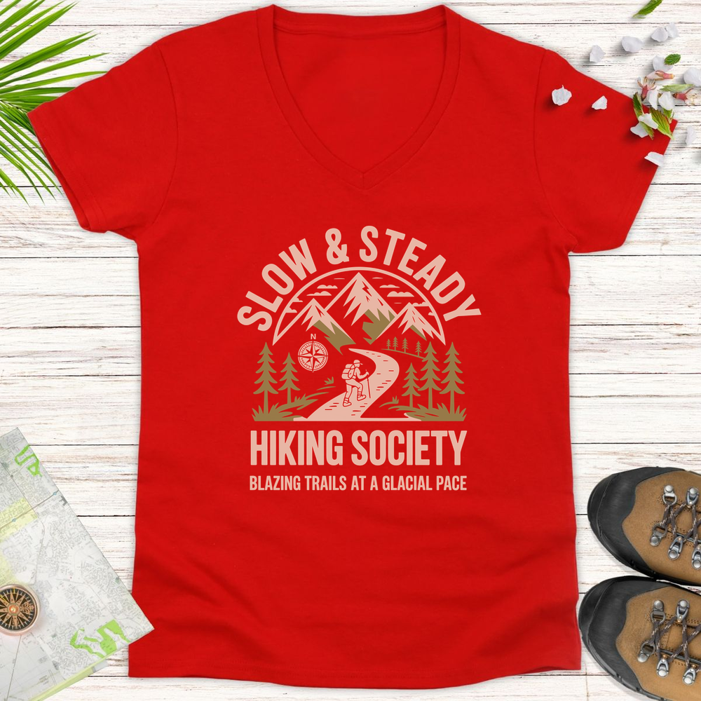 Slow And Steady Hiking Society Women's V-Neck T-Shirt - Red