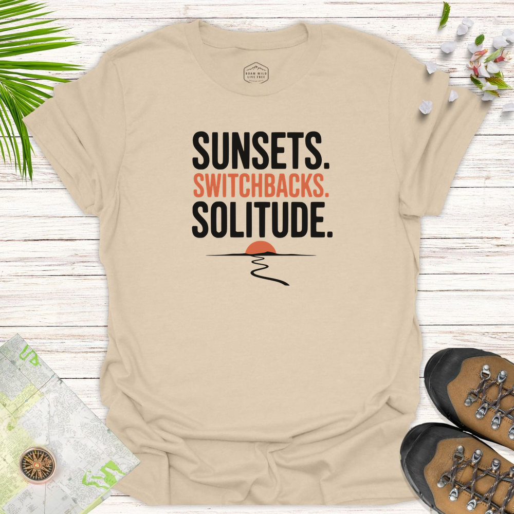 Sunsets Switchbacks Solitude Unisex T-Shirt - Sand