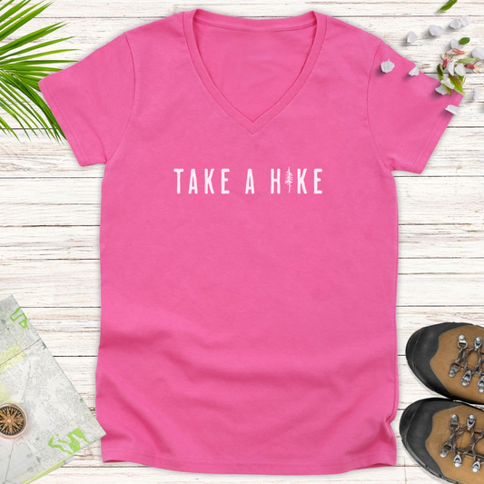 Take A Hike Pine Tree Women's V-Neck T-Shirt - Azalea