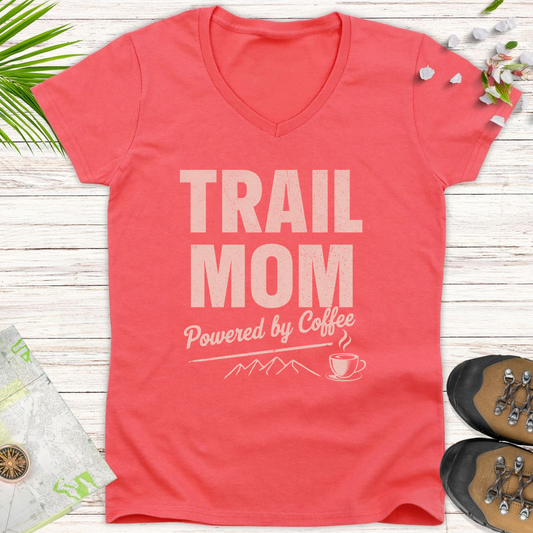 Trail Mom Powered By Coffee Women's V-Neck T-Shirt - Coral Silk