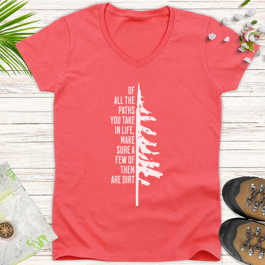 Take The Dirt Path Pine Women's V-Neck T-Shirt - Coral Silk