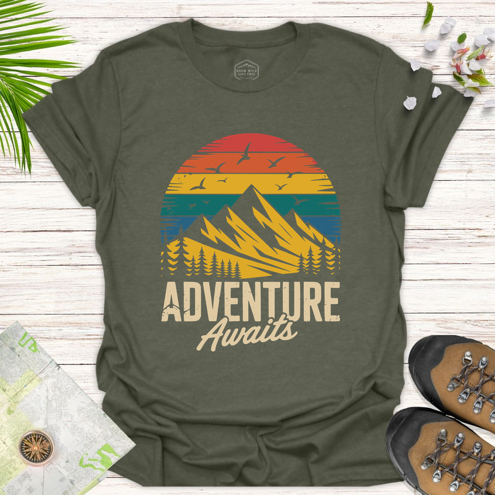 Adventure Awaits Sunset Unisex T-Shirt - Heather Military Green
