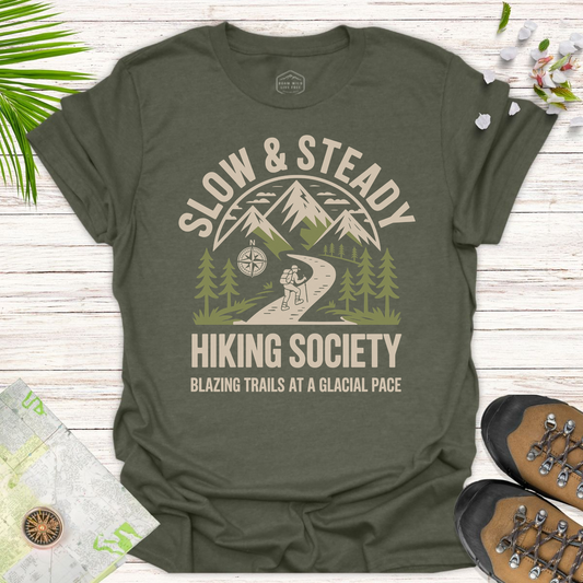 Slow And Steady Hiking Society Unisex T-Shirt - Heather Military Green