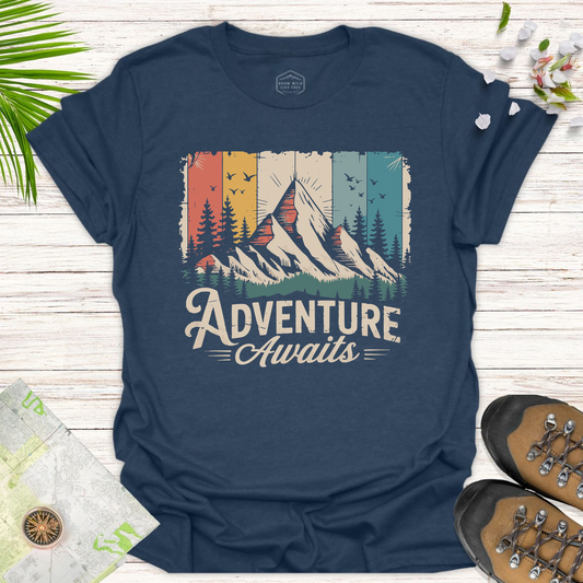 Adventure Awaits Retro Unisex T-Shirt - Heather Navy