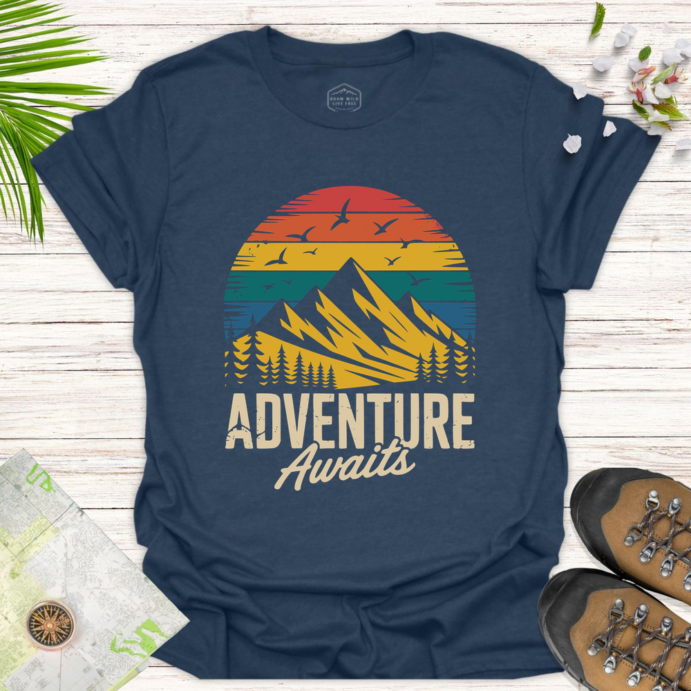 Adventure Awaits Sunset Unisex T-Shirt - Heather Navy