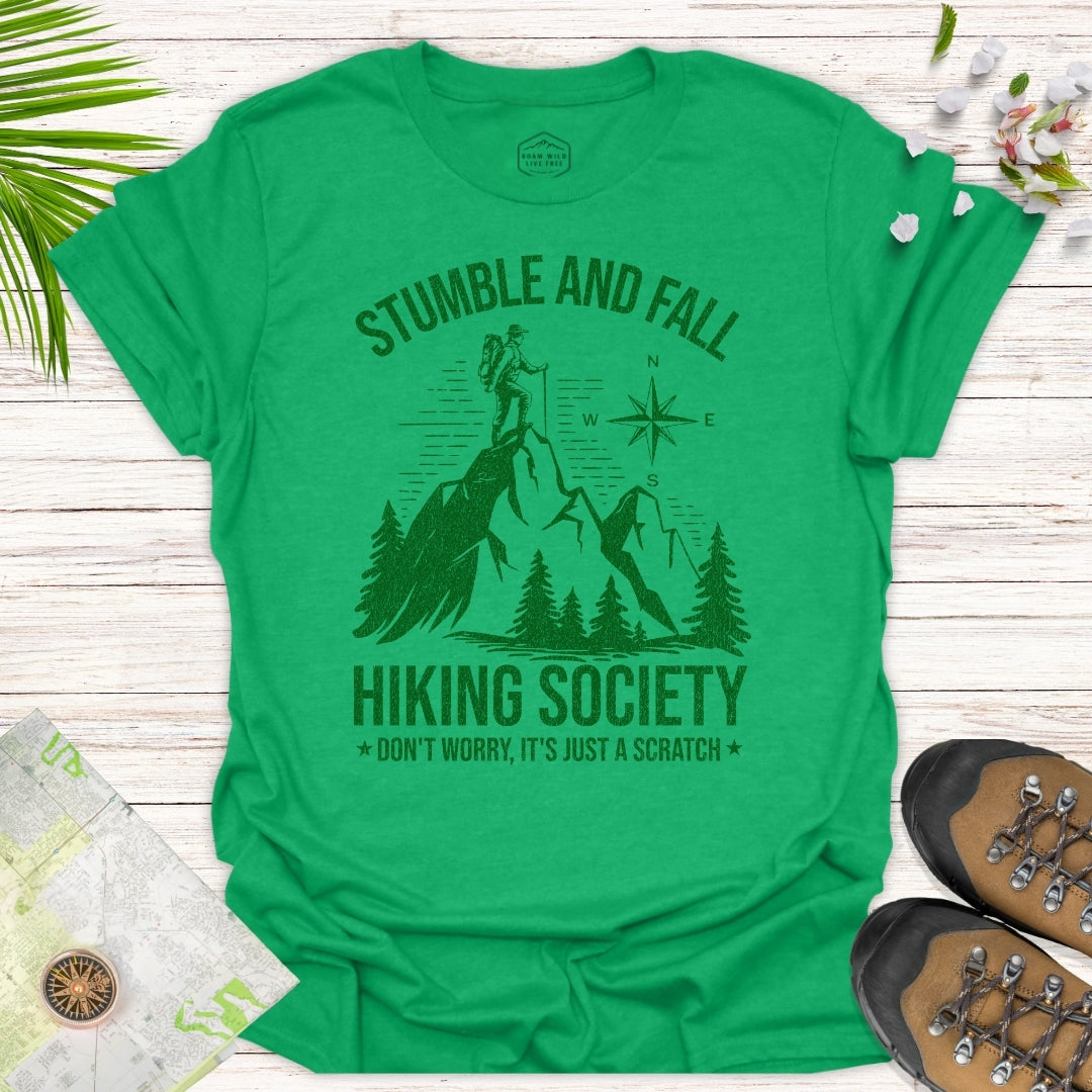 Stumble And Fall Hiking Society T-Shirt (Dark Green Design)